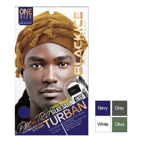 BLACKICE Pre-Tied Color: Black Silky Satin Lined Turban with Tassel