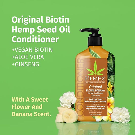 Hempz Biotin Conditioner - Original Light Floral & Banana - For Growth & Strengthening of Dry, Damaged and Color Treated Hair, Hydrating, Softening, Moisturizing - 17 Fl OZ