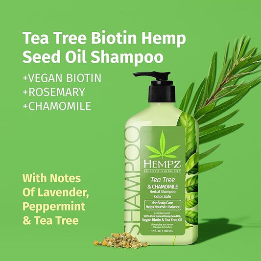 HEMPZ Tea Tree & Chamomile Herbal Hair Shampoo - Gentle Cleansing Herbal Shampoo Enriched with Chamomile, Lavender, Aloe Extracts - 17 Fl OZ