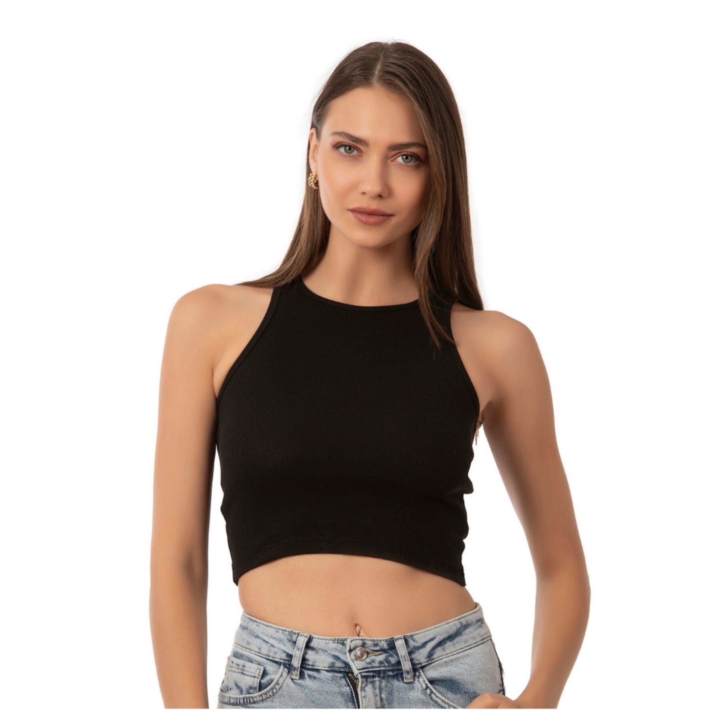 Women’s Ribbed High-Neck Crop Tank Top – Stretchy, Breathable Cotton Blend for Casual & Active Wear