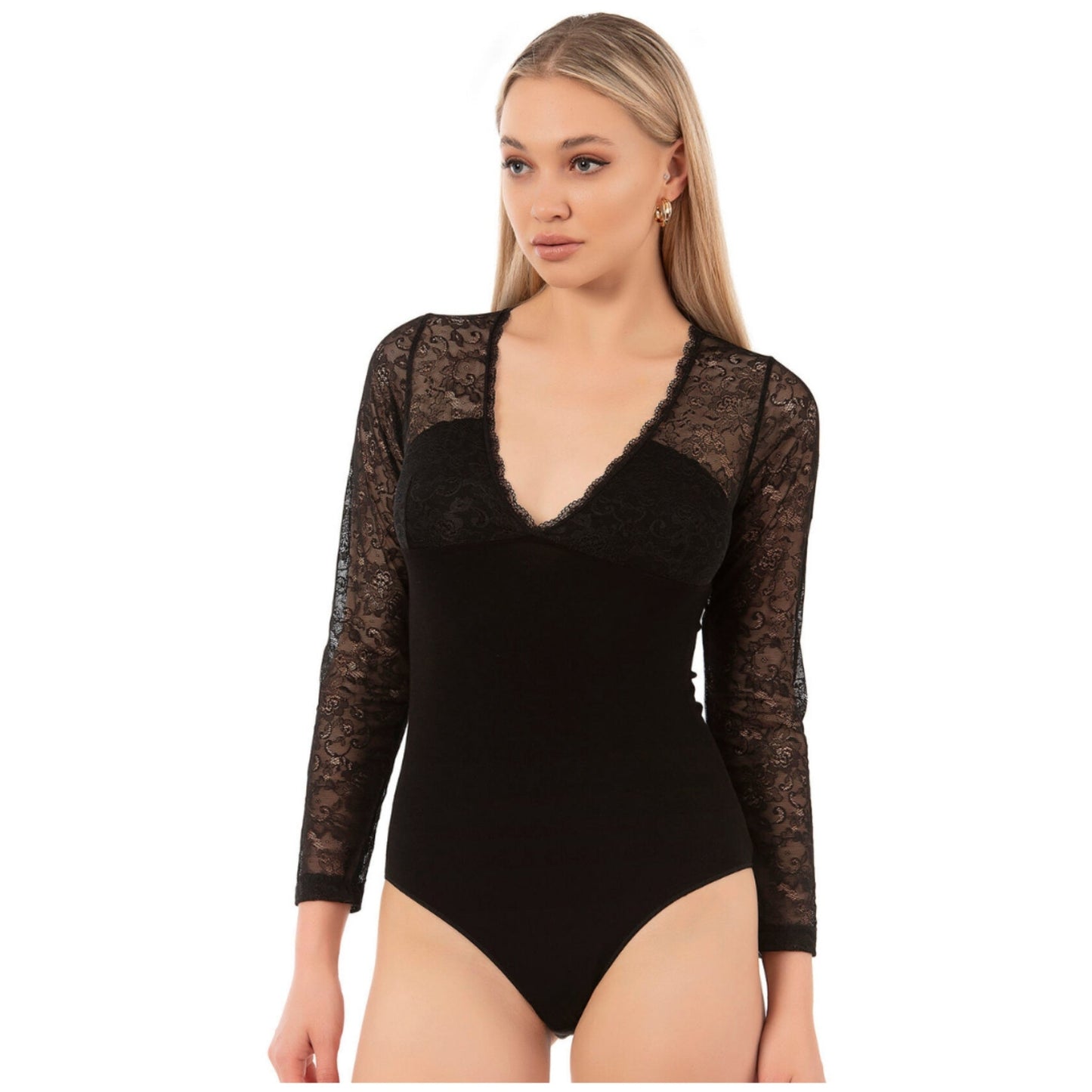 Women's Black Long Sleeve Lace Bodysuit – Elegant Viscose Blend with Floral Mesh Details