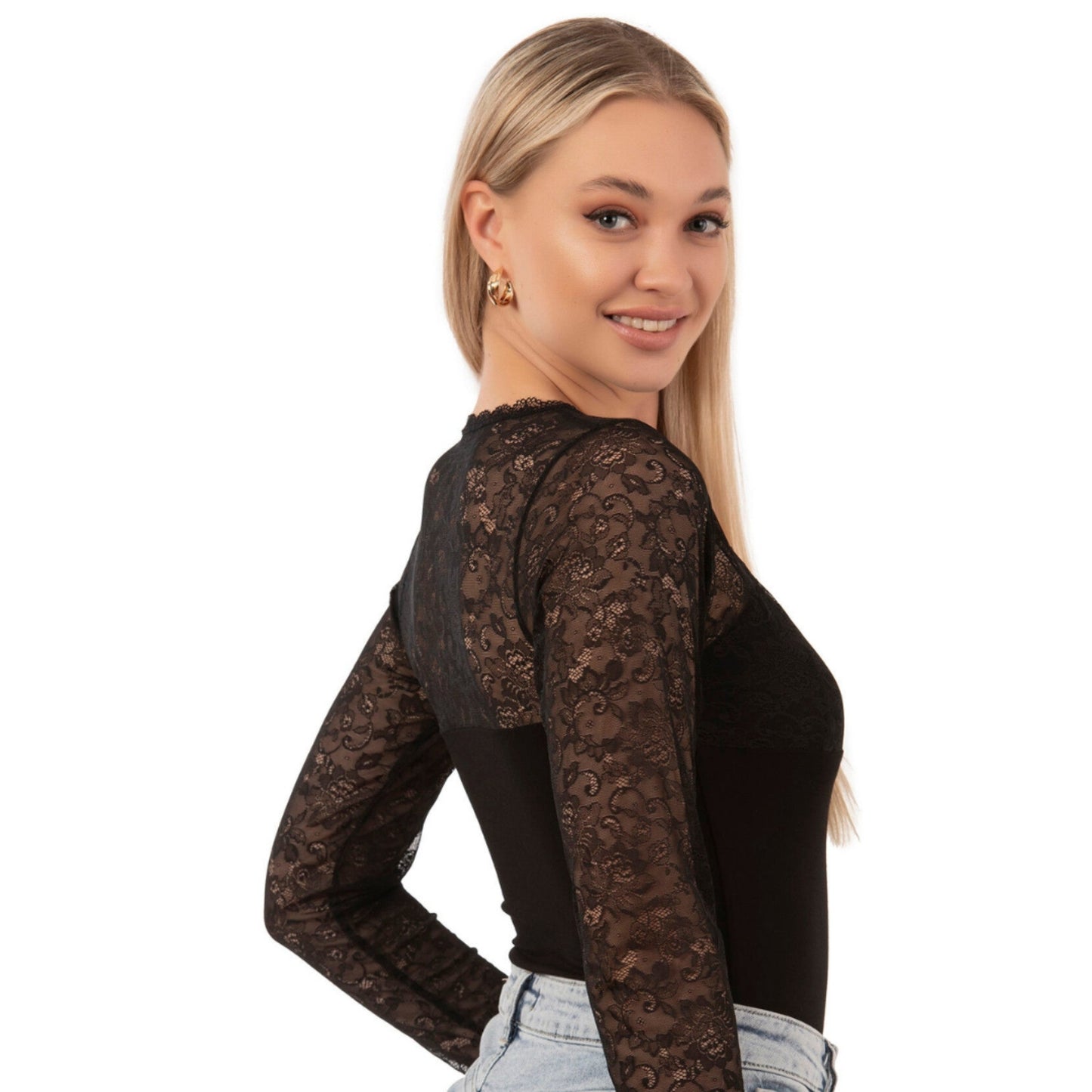 Women's Black Long Sleeve Lace Bodysuit – Elegant Viscose Blend with Floral Mesh Details