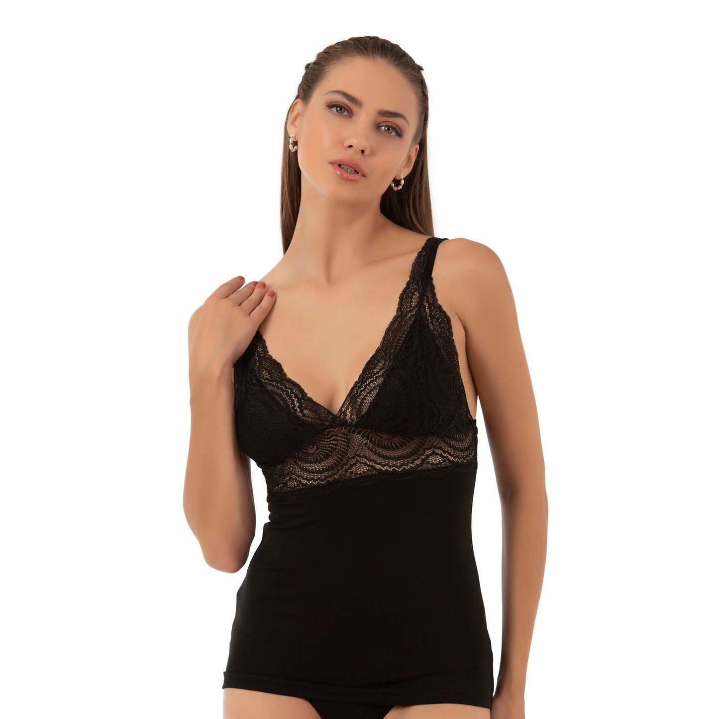 Women’s Lace Trim Cotton Modal Camisole – V-Neck Stretch Tank Top with Wide Straps