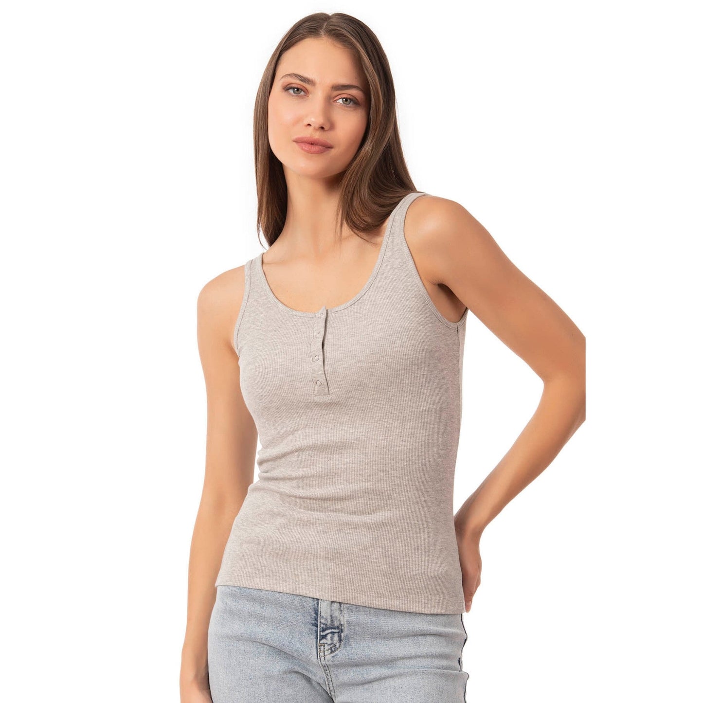 Women’s Ribbed Cotton Tank Top with Snap Buttons – Stretch Sleeveless Henley Shirt