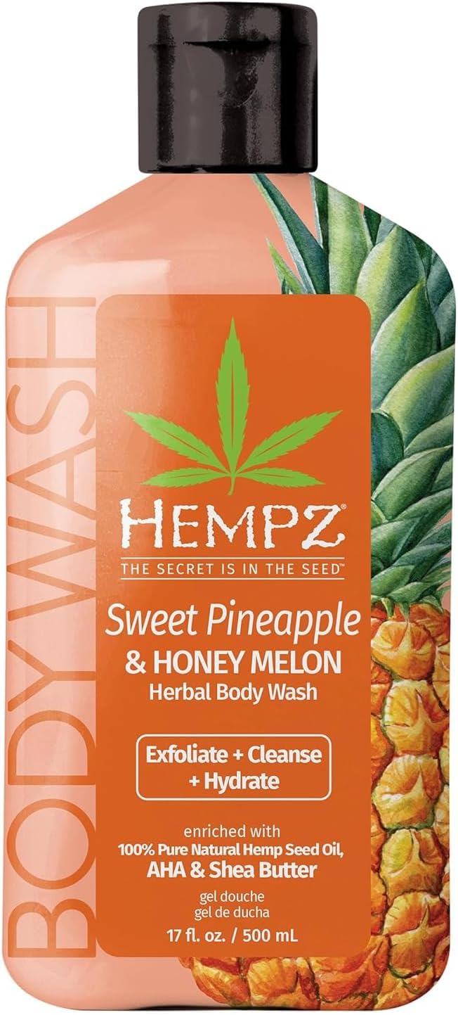 HEMPZ Body Wash - Sweet Pineapple & Honey Melon - Hydrating for Sensitive Skin, Scented, Exfoliating with Shea Butter, Pure Hemp Seed Oil, and Algae for Sensitive Skin - 17 fl oz