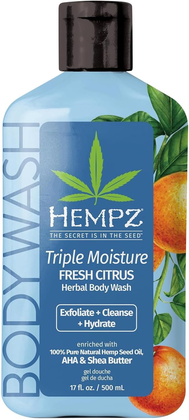 Hempz Triple Moisture Body Wash - Grapefruit & Peach - Hydrating for Sensitive Skin, Scented, Exfoliating with Shea Butter, Pure Hemp Seed Oil, and Algae for Sensitive Skin - 17 fl oz