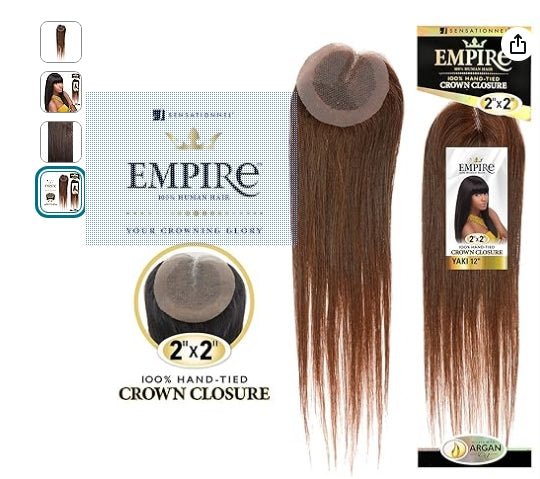 SSensationnel hair extensions - human hair 2 x 2 100% hand tied crown yaki closure 12 empire