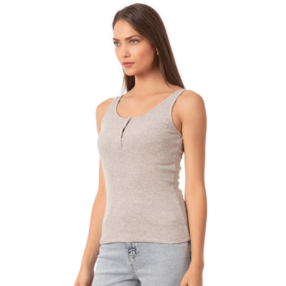 Women’s Ribbed Cotton Tank Top with Snap Buttons – Stretch Sleeveless Henley Shirt