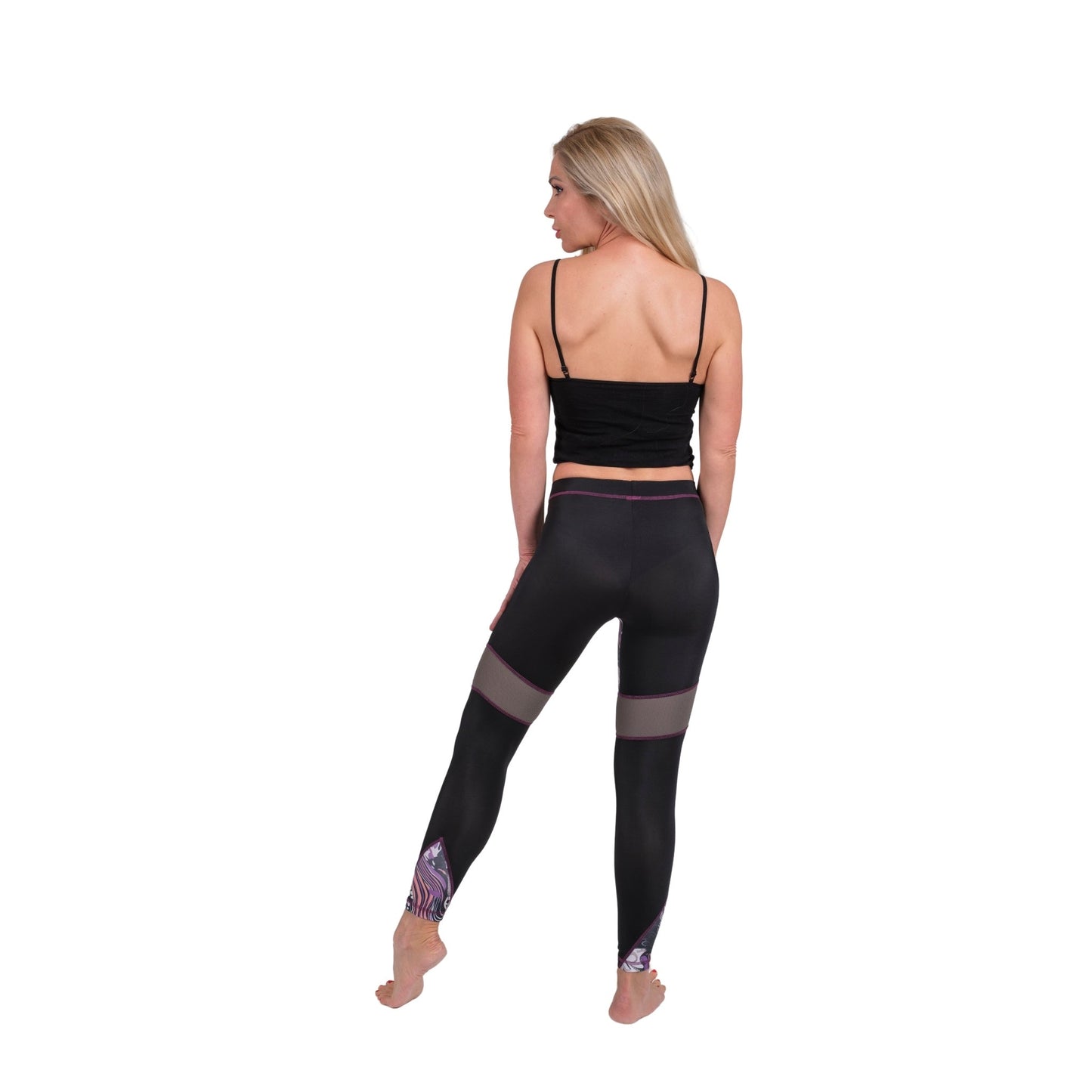 BoldMesh Sculpt Yoga Leggings – Black & Violet Pattern (Breathable Fit)