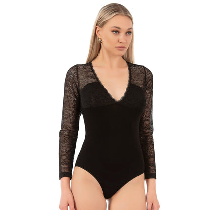 Women's Black Long Sleeve Lace Bodysuit – Elegant Viscose Blend with Floral Mesh Details