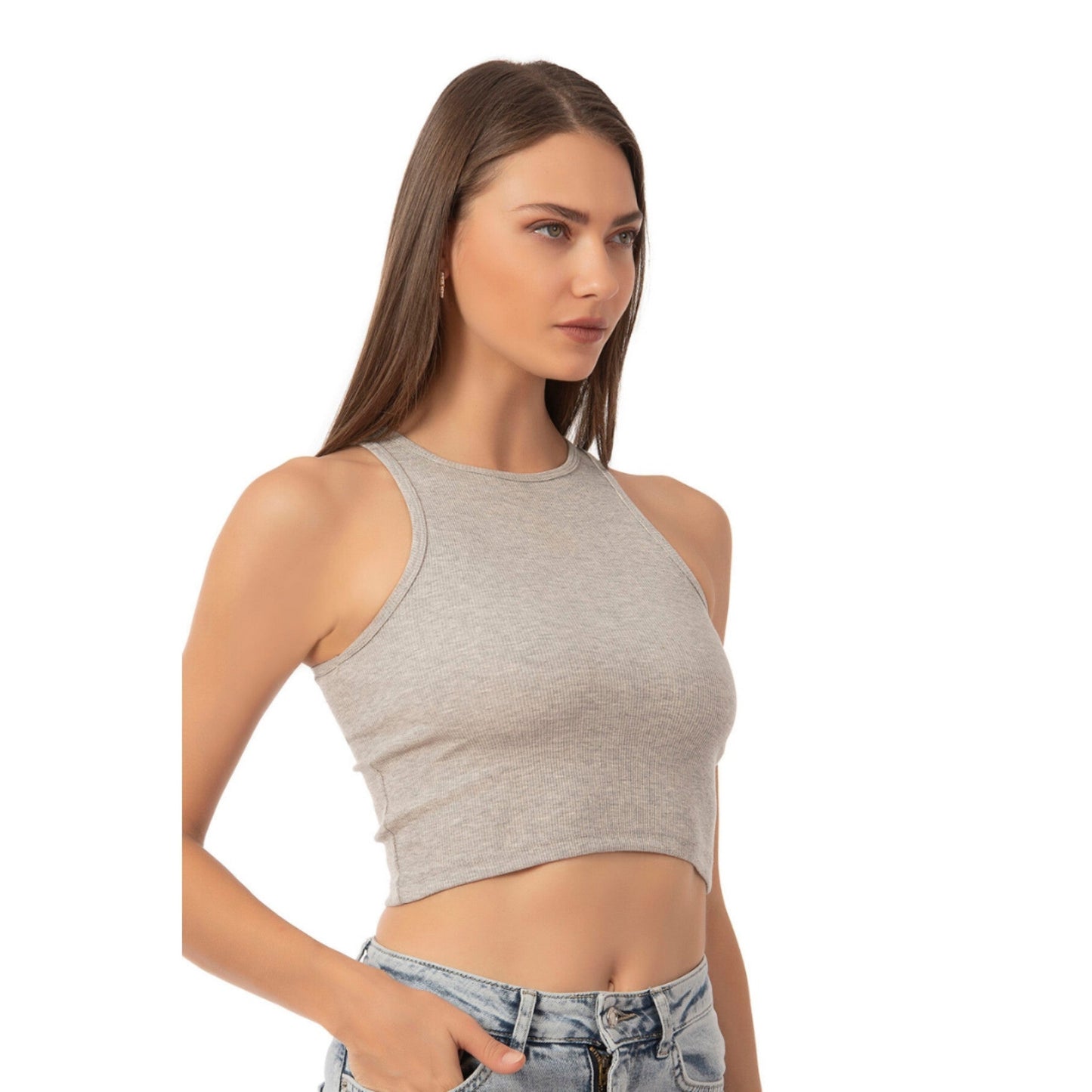 Women’s Ribbed High-Neck Crop Tank Top – Stretchy, Breathable Cotton Blend for Casual & Active Wear