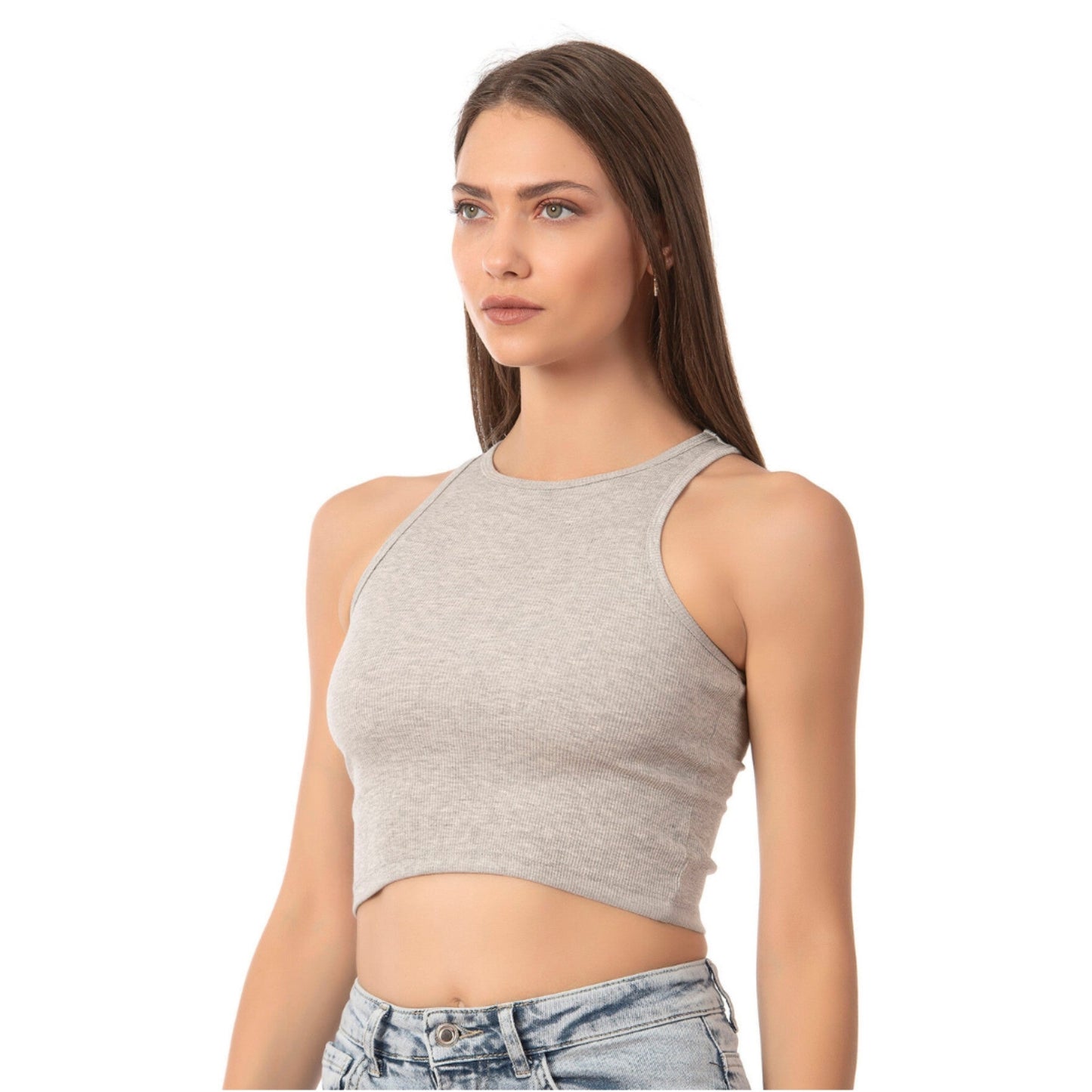 Women’s Ribbed High-Neck Crop Tank Top – Stretchy, Breathable Cotton Blend for Casual & Active Wear