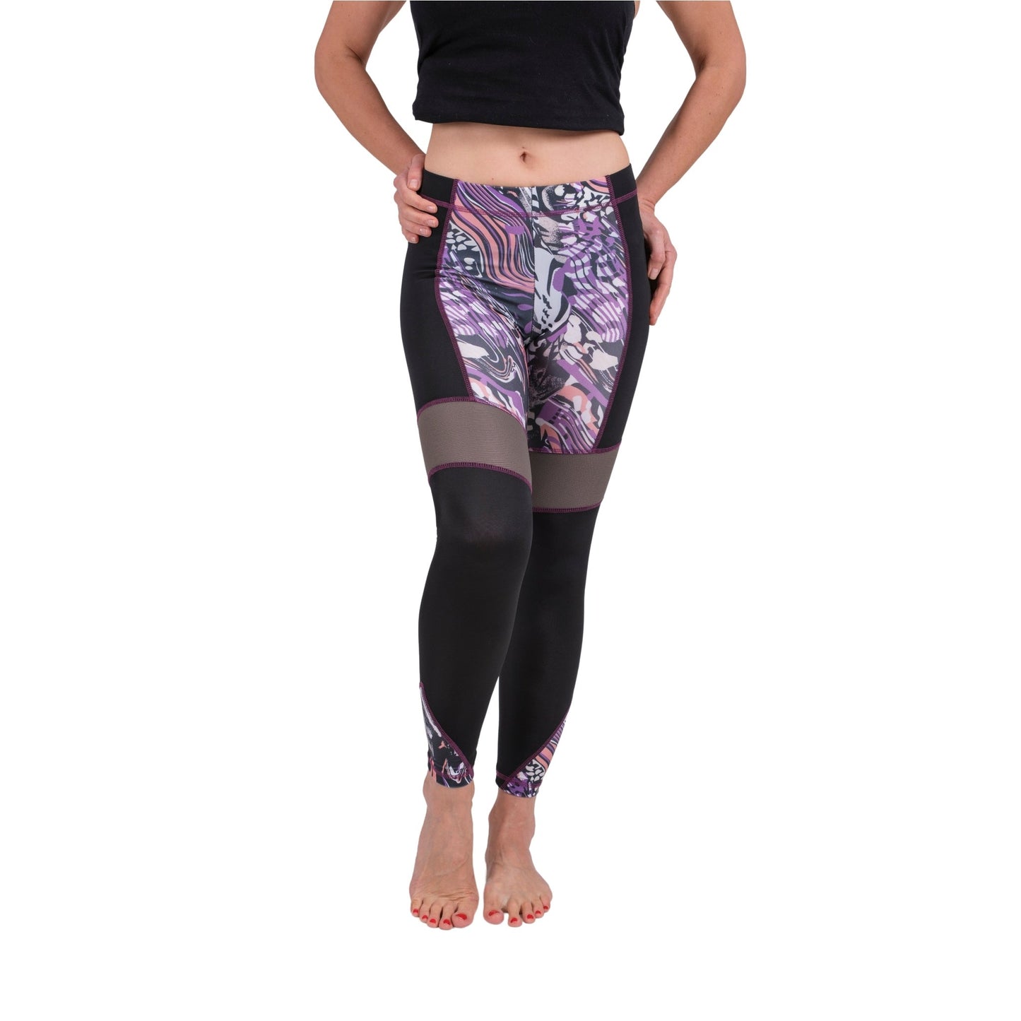 BoldMesh Sculpt Yoga Leggings – Black & Violet Pattern (Breathable Fit)