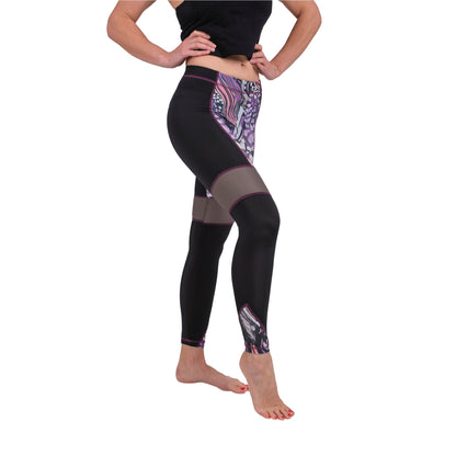 BoldMesh Sculpt Yoga Leggings – Black & Violet Pattern (Breathable Fit)