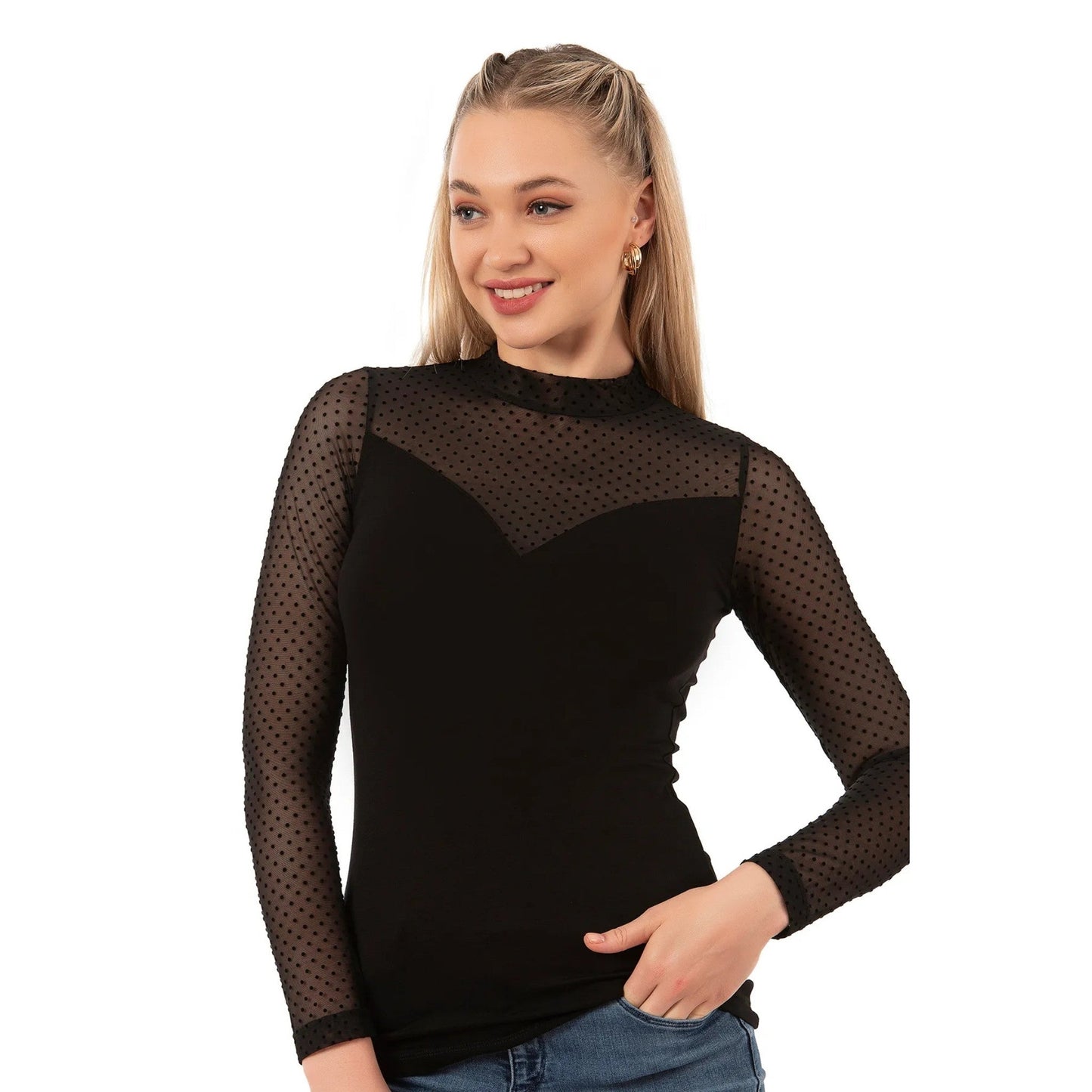 Women’s Long Sleeve Mesh Top – Black Sheer Polka Dot Turtleneck Shirt | Viscose Blend