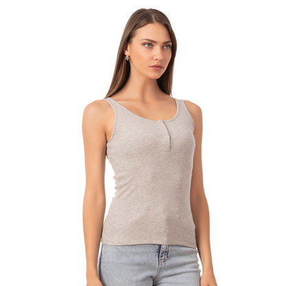 Women’s Ribbed Cotton Tank Top with Snap Buttons – Stretch Sleeveless Henley Shirt
