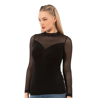 Women’s Long Sleeve Mesh Top – Black Sheer Polka Dot Turtleneck Shirt | Viscose Blend