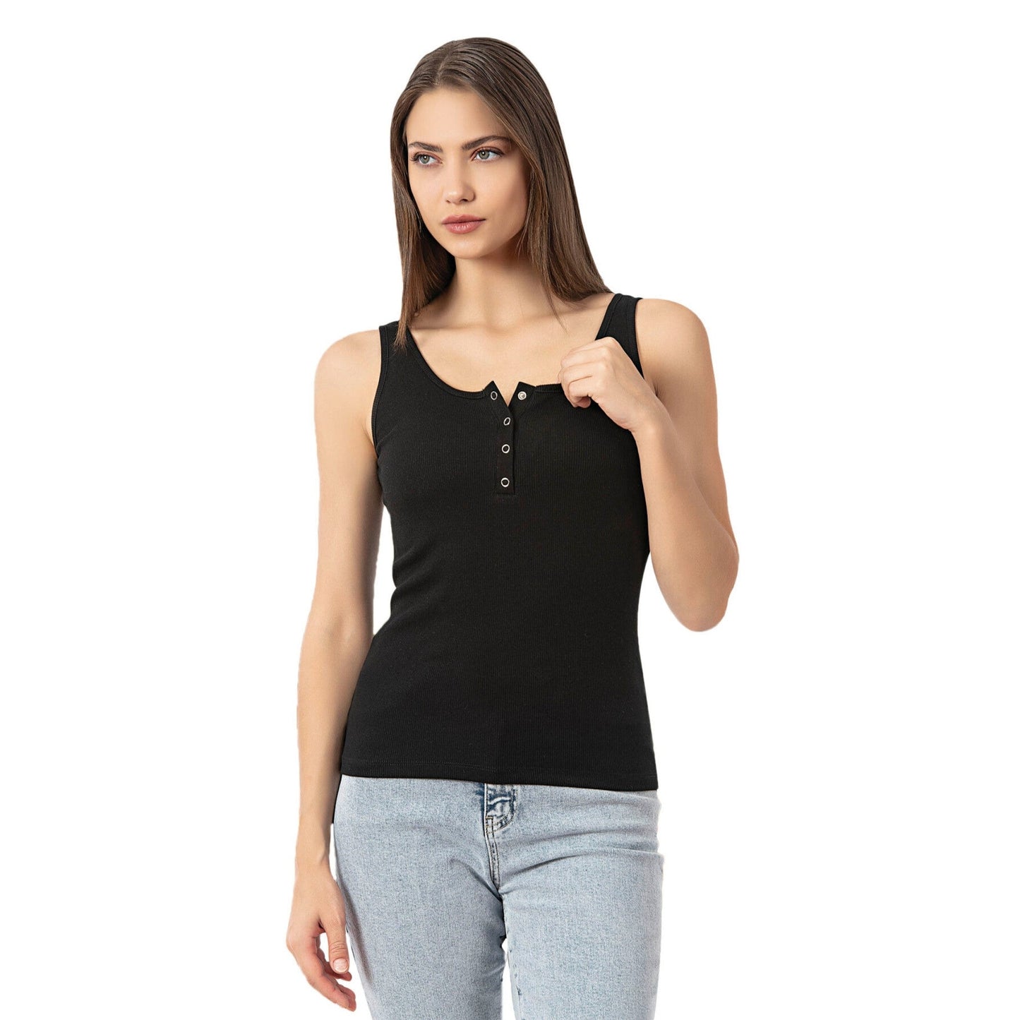Women’s Ribbed Cotton Tank Top with Snap Buttons – Stretch Sleeveless Henley Shirt
