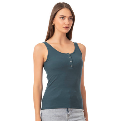 Women’s Ribbed Cotton Tank Top with Snap Buttons – Stretch Sleeveless Henley Shirt
