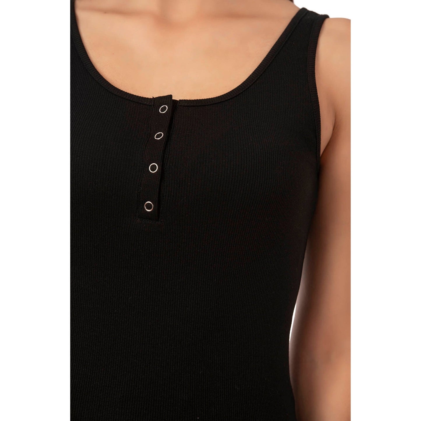 Women’s Ribbed Cotton Tank Top with Snap Buttons – Stretch Sleeveless Henley Shirt