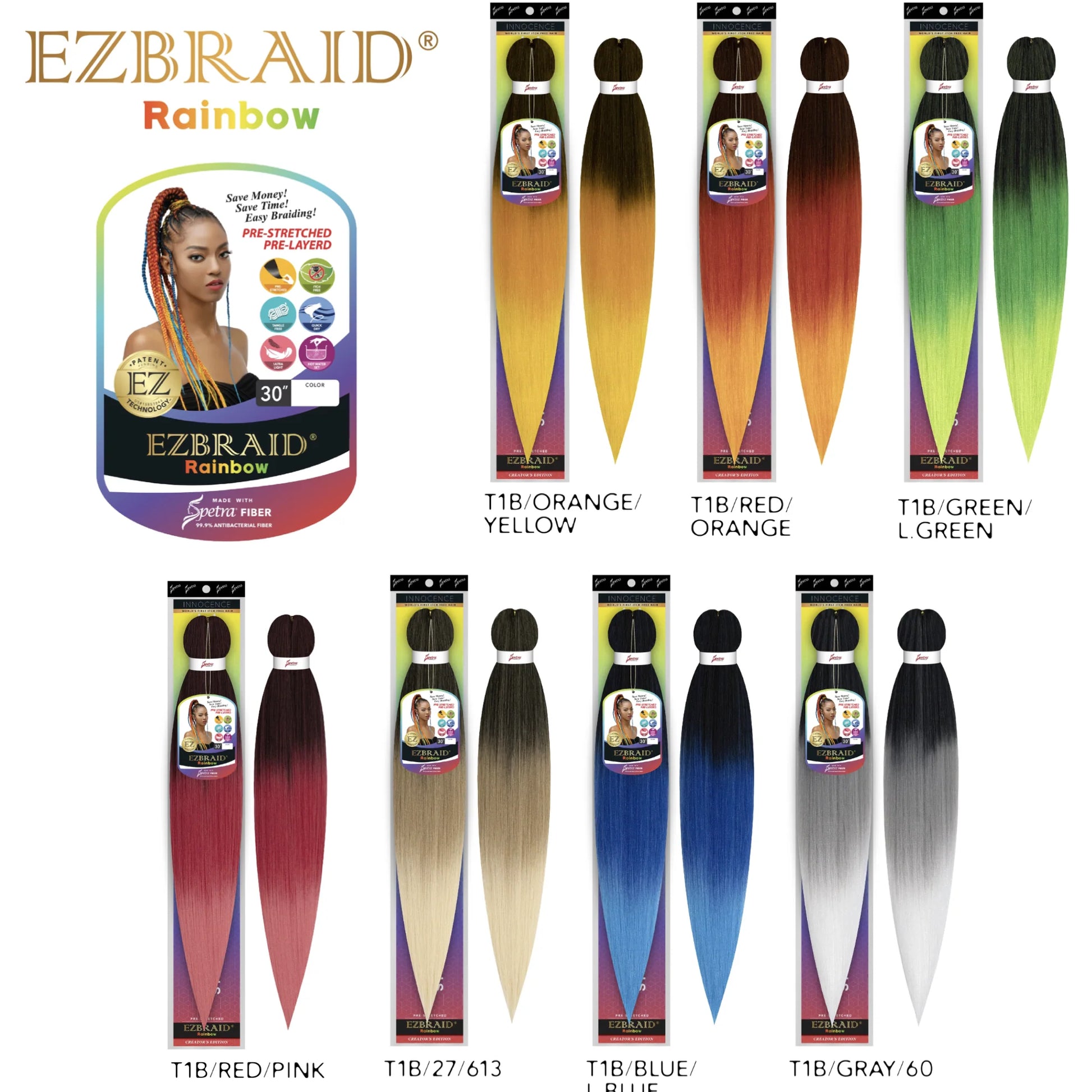 EZBRAID Rainbow 3-Tone Color Pre-Stretched Braid (30inch)